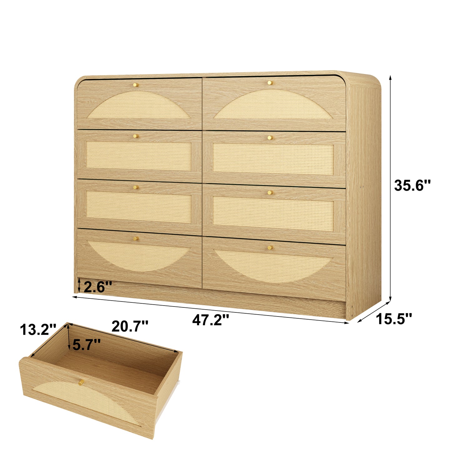 Natural 8-Drawer Dresser with Rattan Front - Wide Storage Cabinet