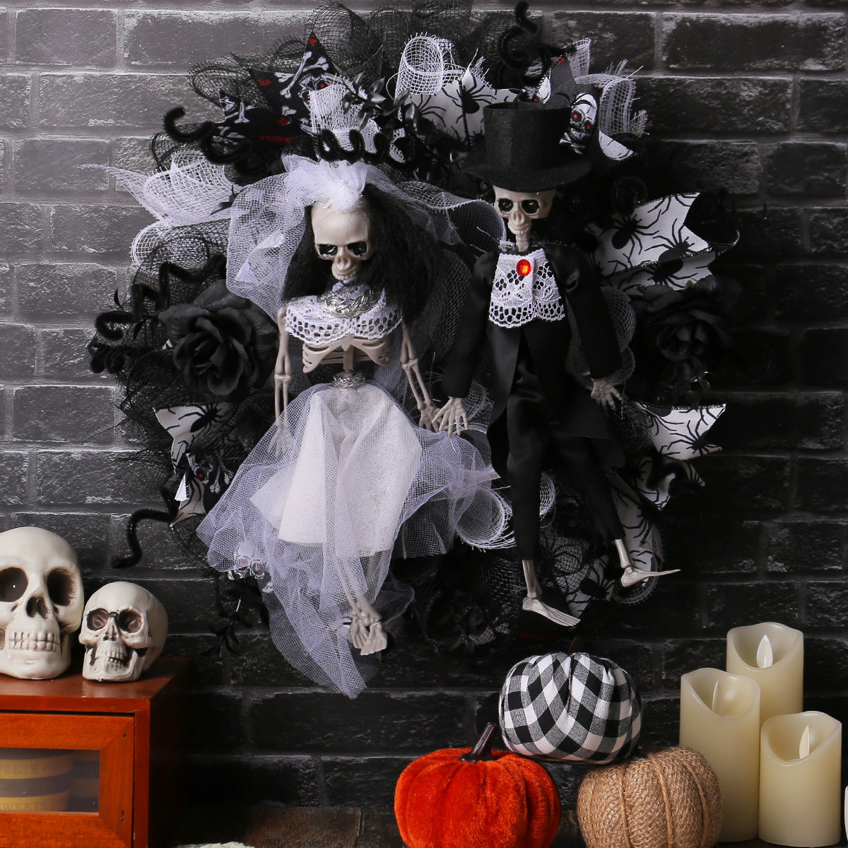 Halloween Skull Bride Groom Mesh Garland Horror Decoration Prop - Wedding & Party Decor