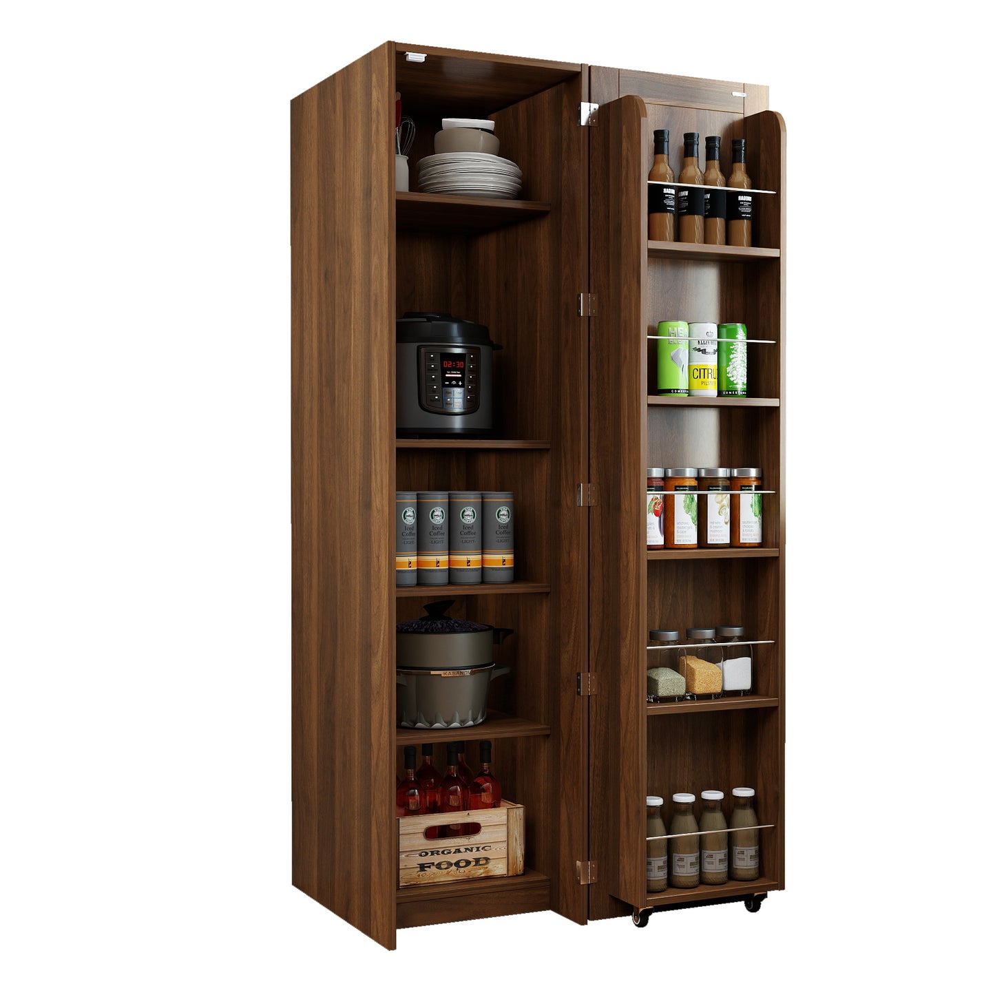 Walnut Kitchen Pantry Cabinet - Freestanding Sideboard with Doors & Shelves