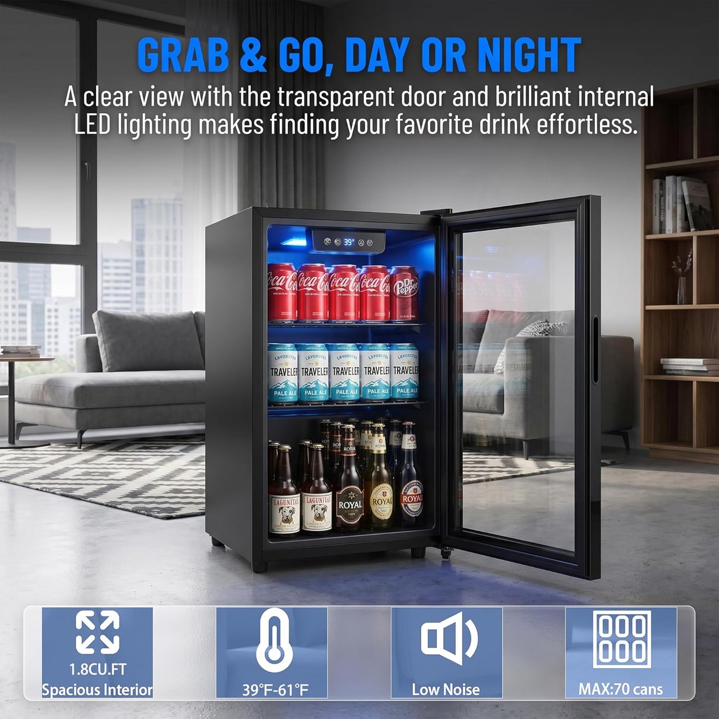 1.8 Cu Ft Beverage Refrigerator, 70 Can Mini Fridge With Glass Door,