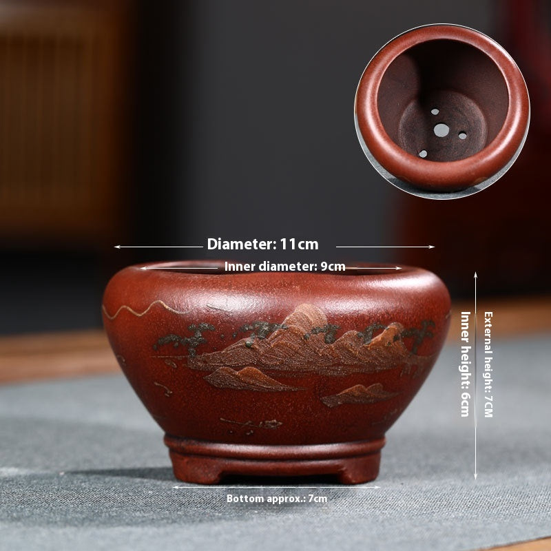 Purple Clay Flowerpot with Chinese Style Design Small Round & Square Options