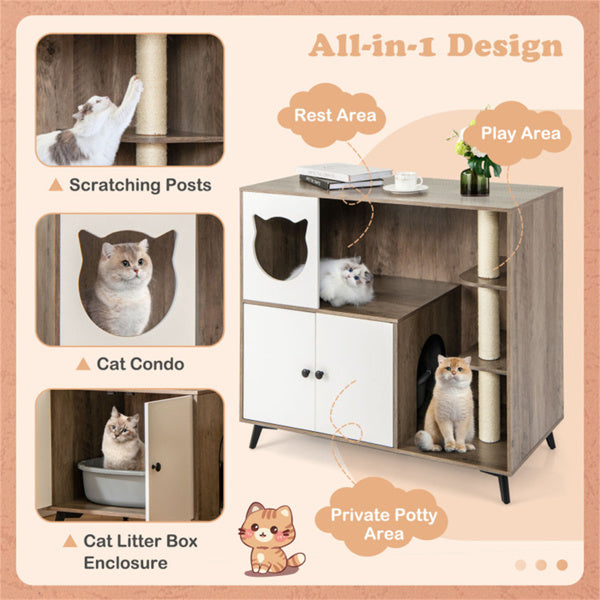 Multifunctional Cat Furniture with Scratching Posts, Privacy Enclosure & Storage