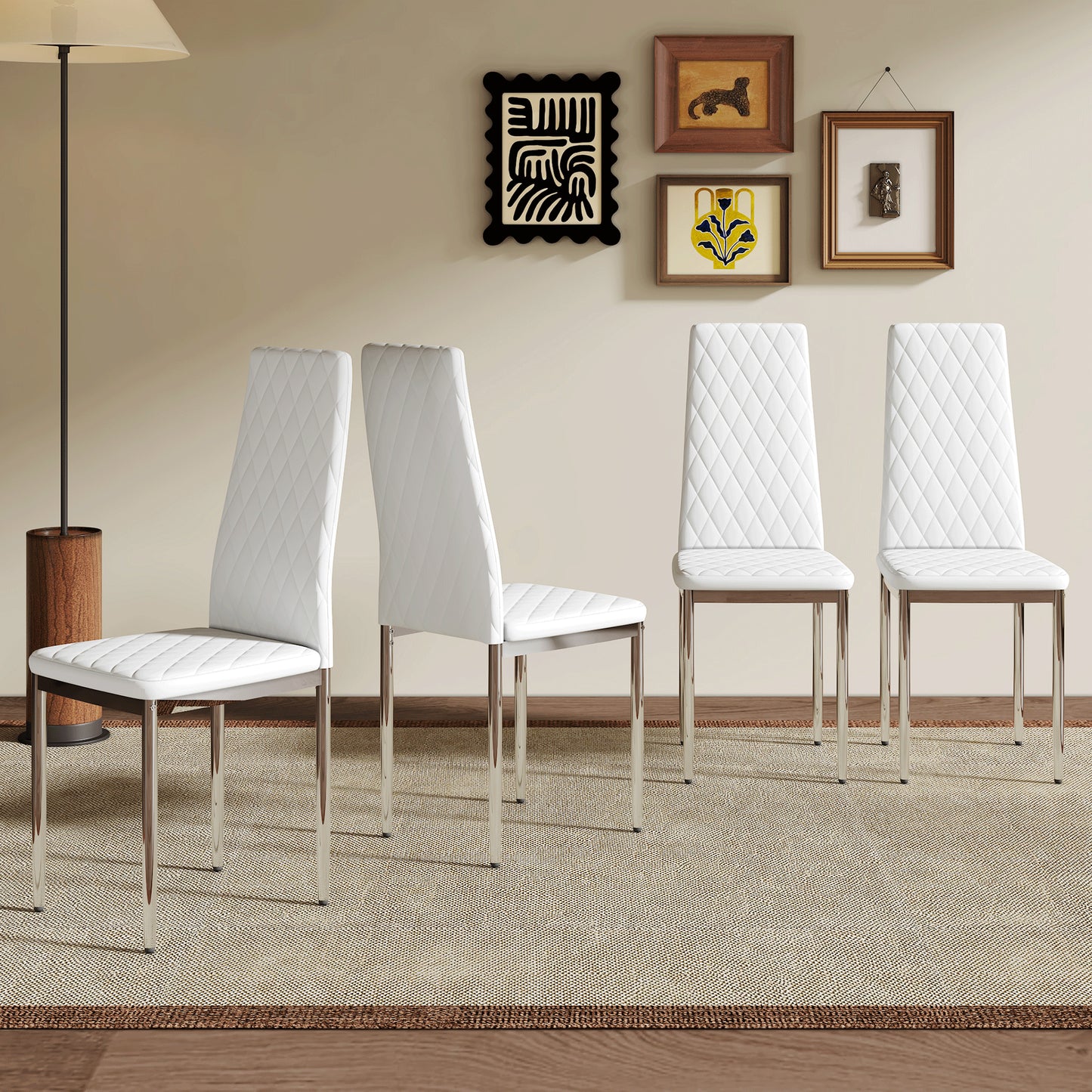 Modern White PU Dining Chairs Set Of 4 - Diamond Quilted High Back