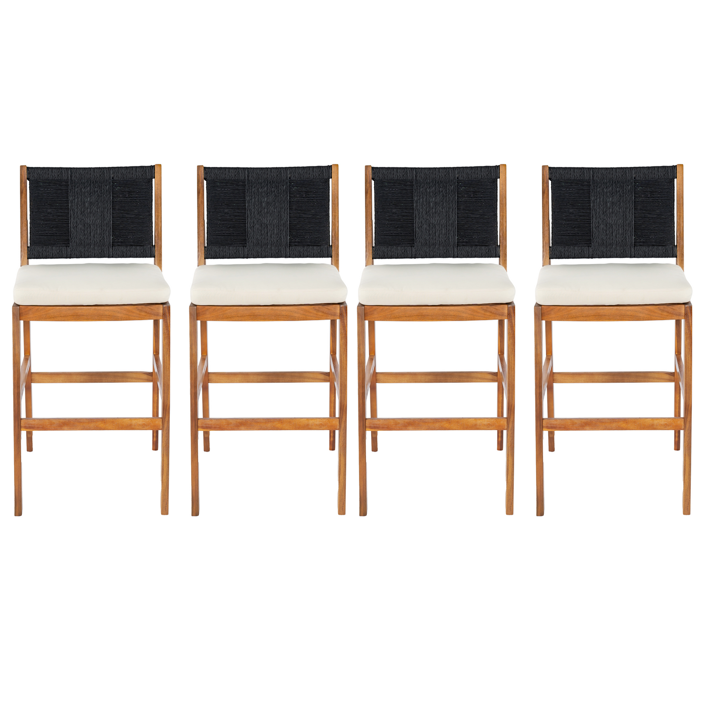 4-Piece Black Outdoor Bar Stool Set - Solid Acacia Wood & Wicker