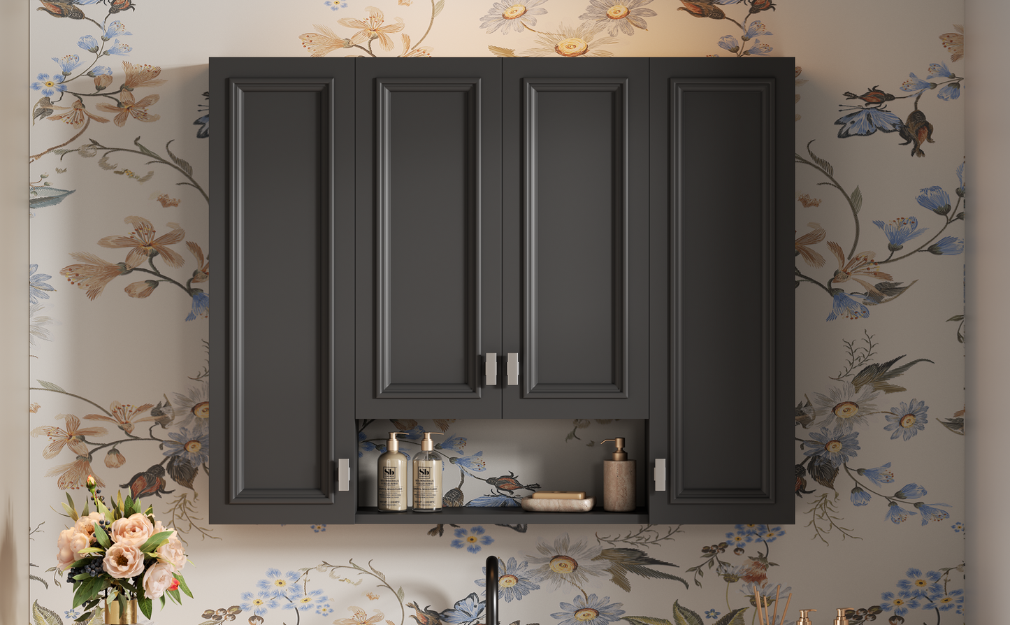 Modern Wall-Mounted Bathroom Cabinet with 5 Adjustable Shelves - Black
