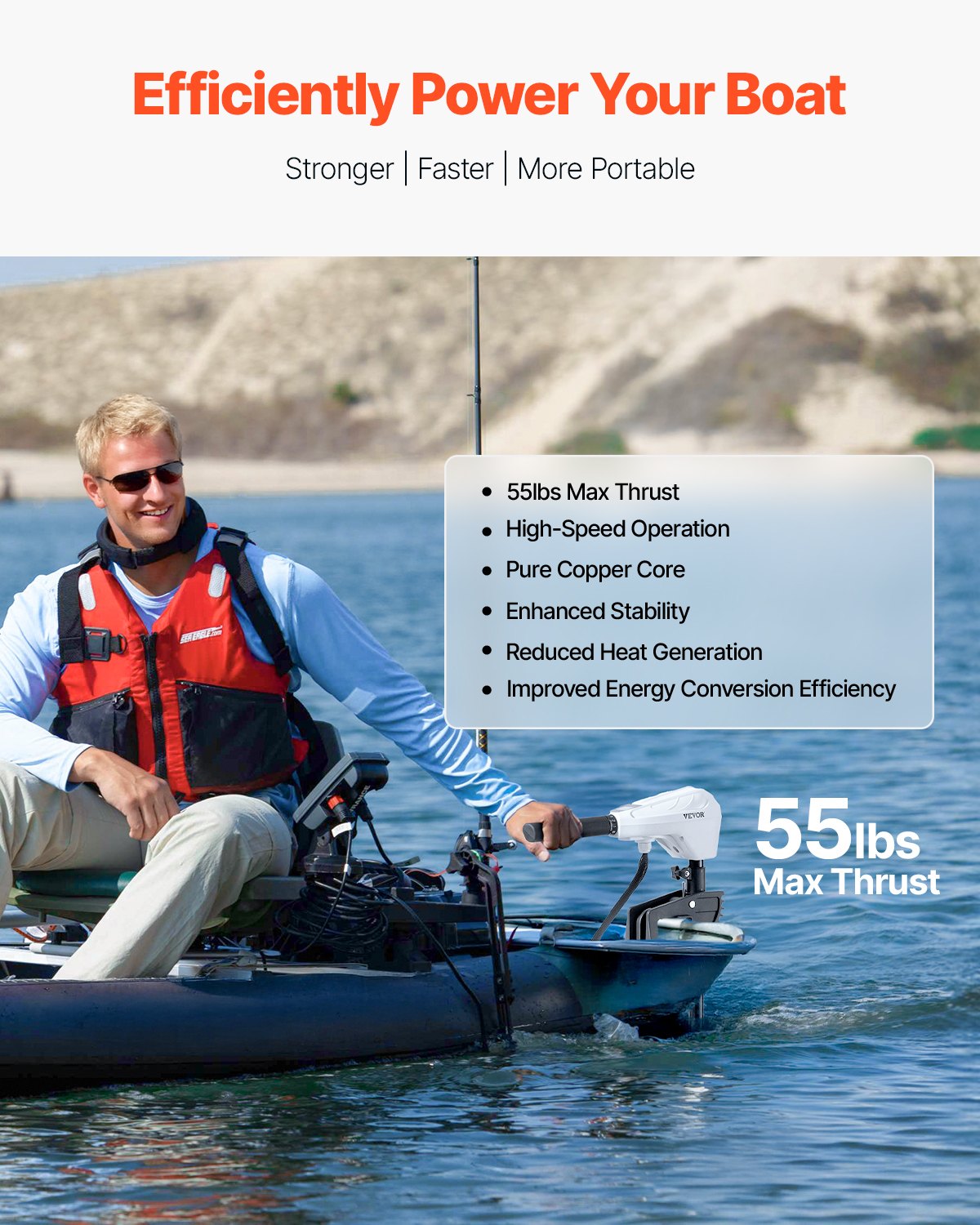 55lb 12V Saltwater Trolling Motor for Kayak with Adjustable Handle