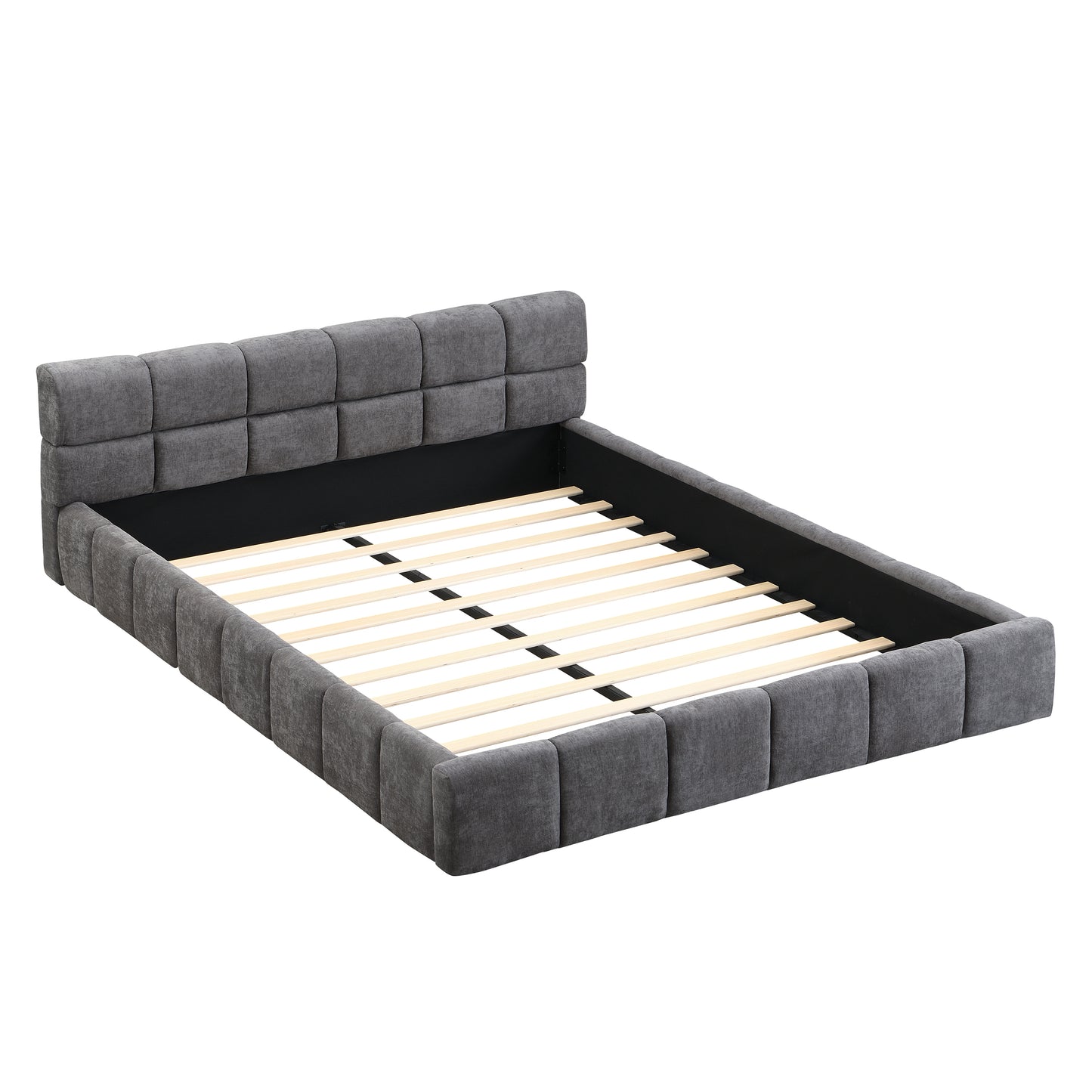 Queen Grey Chenille Upholstered Bed with Checkerboard Design