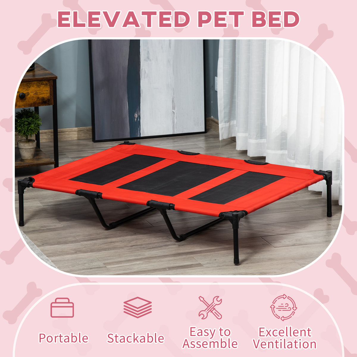 Elevated Outdoor Dog Bed with Metal Frame and Breathable Mesh - Red, 930x250x80mm