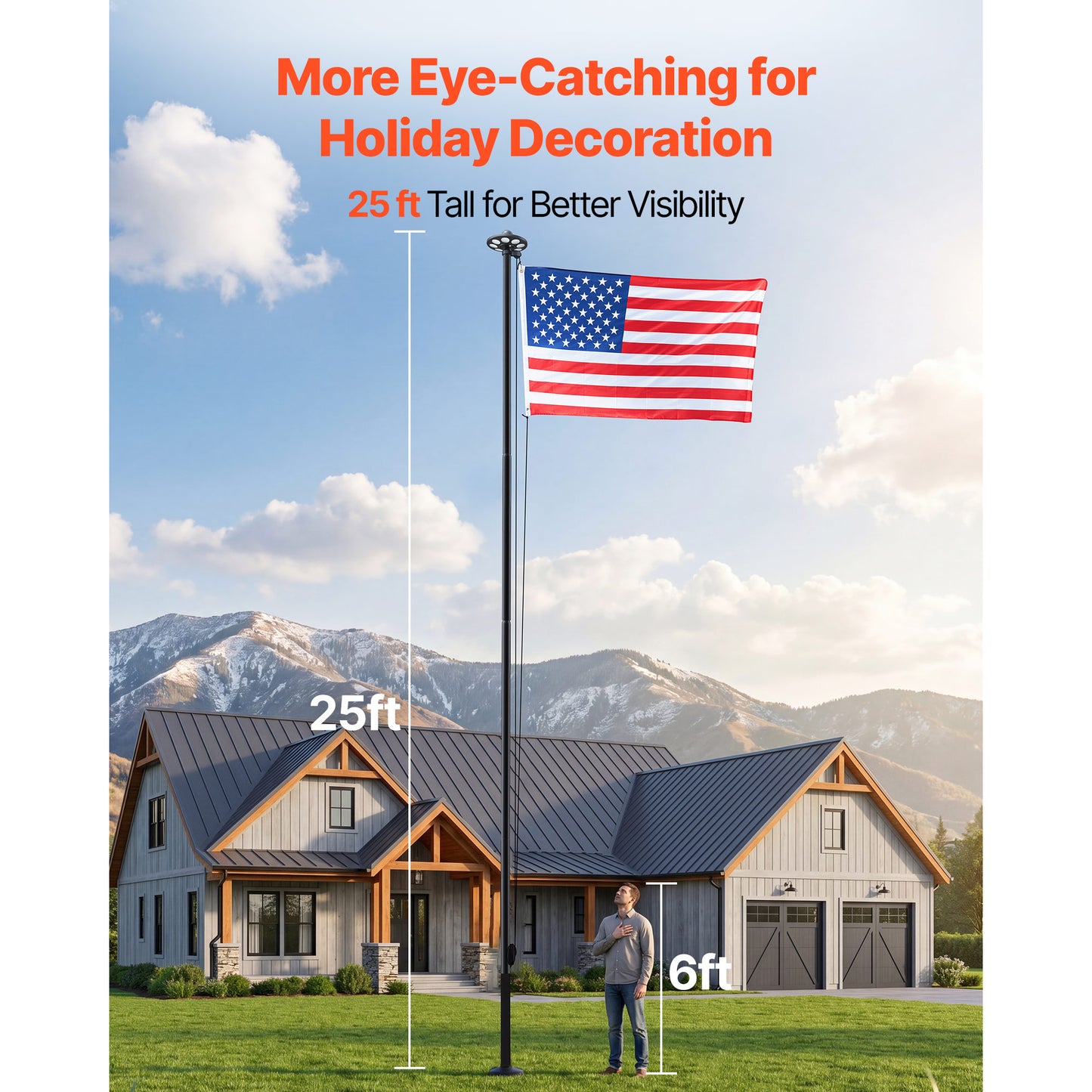 25ft Heavy Duty Aluminum Flag Pole Kit with 136 LED Solar Light and American Flag for Yard & Garden