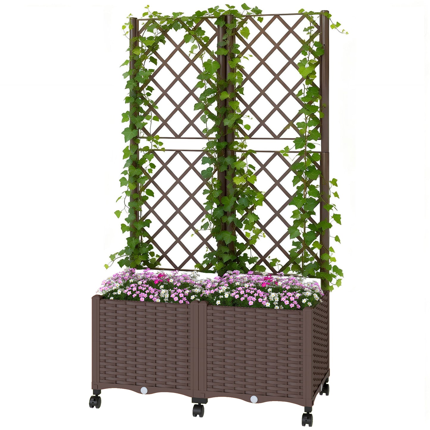 Self Watering Raised Garden Bed with Trellis and Lockable Wheels Brown 510x610mm