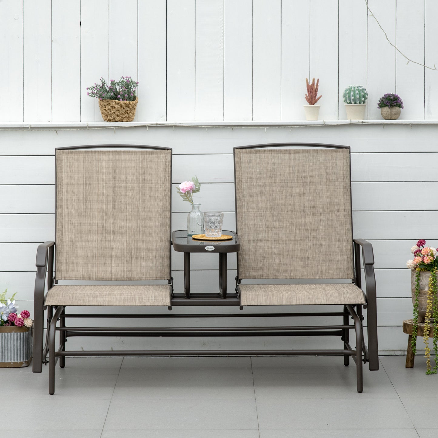 Two-Person Outdoor Glider Bench with Center Table - Brown