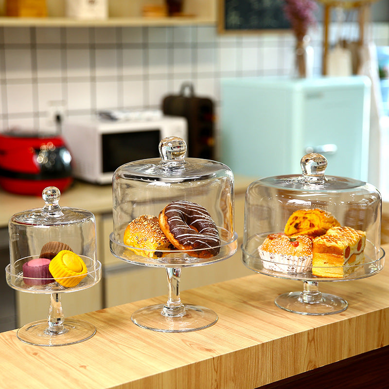 Large Glass Cake Tray with Transparent Dust Cover - European Style