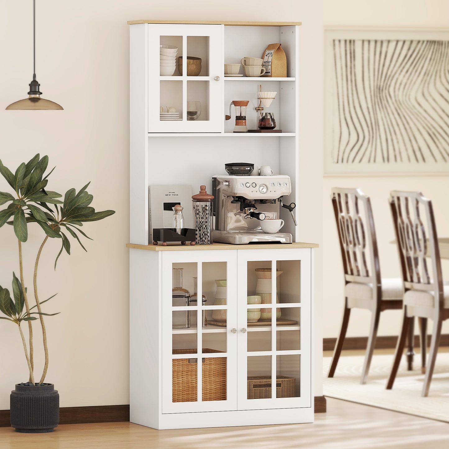 72" Freestanding Kitchen Pantry Cabinet with Hutch - White