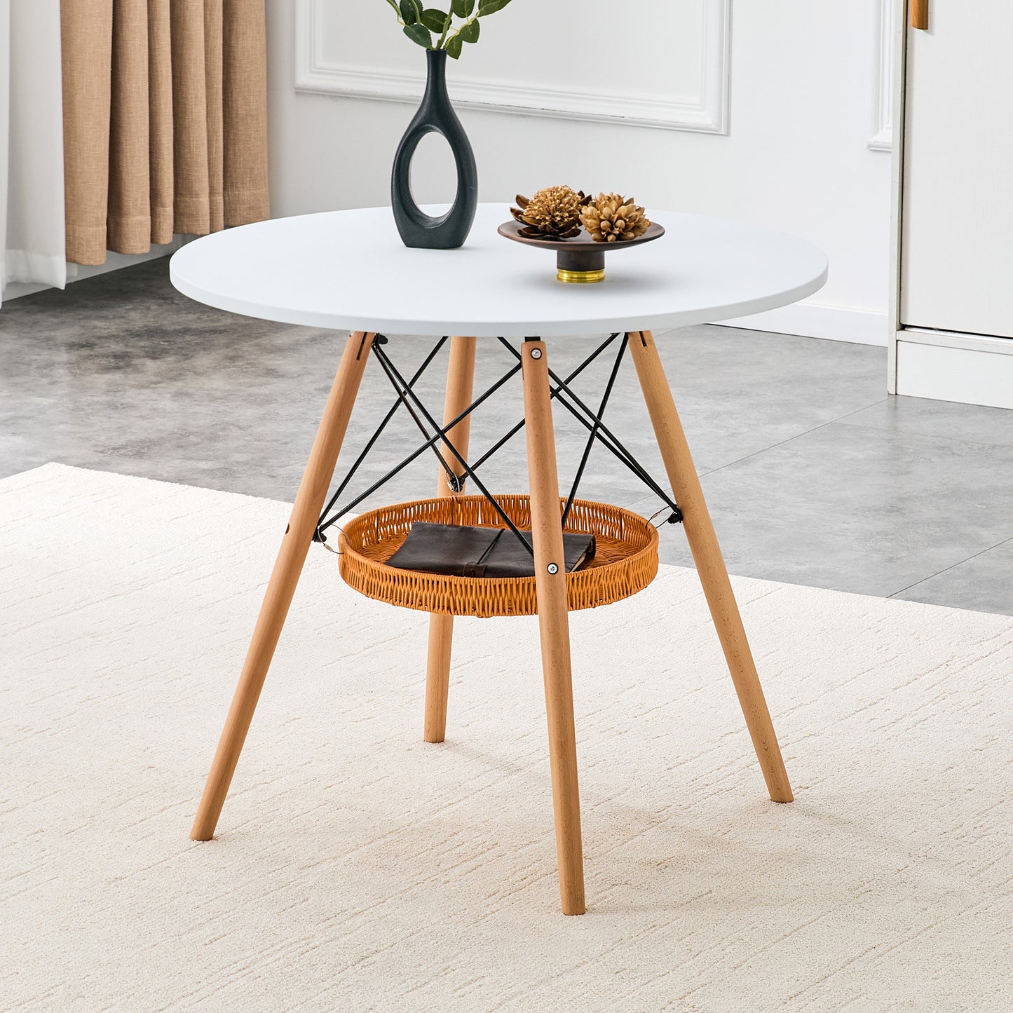 31.5-Inch Circular Dining Table with Woven Storage Basket - White