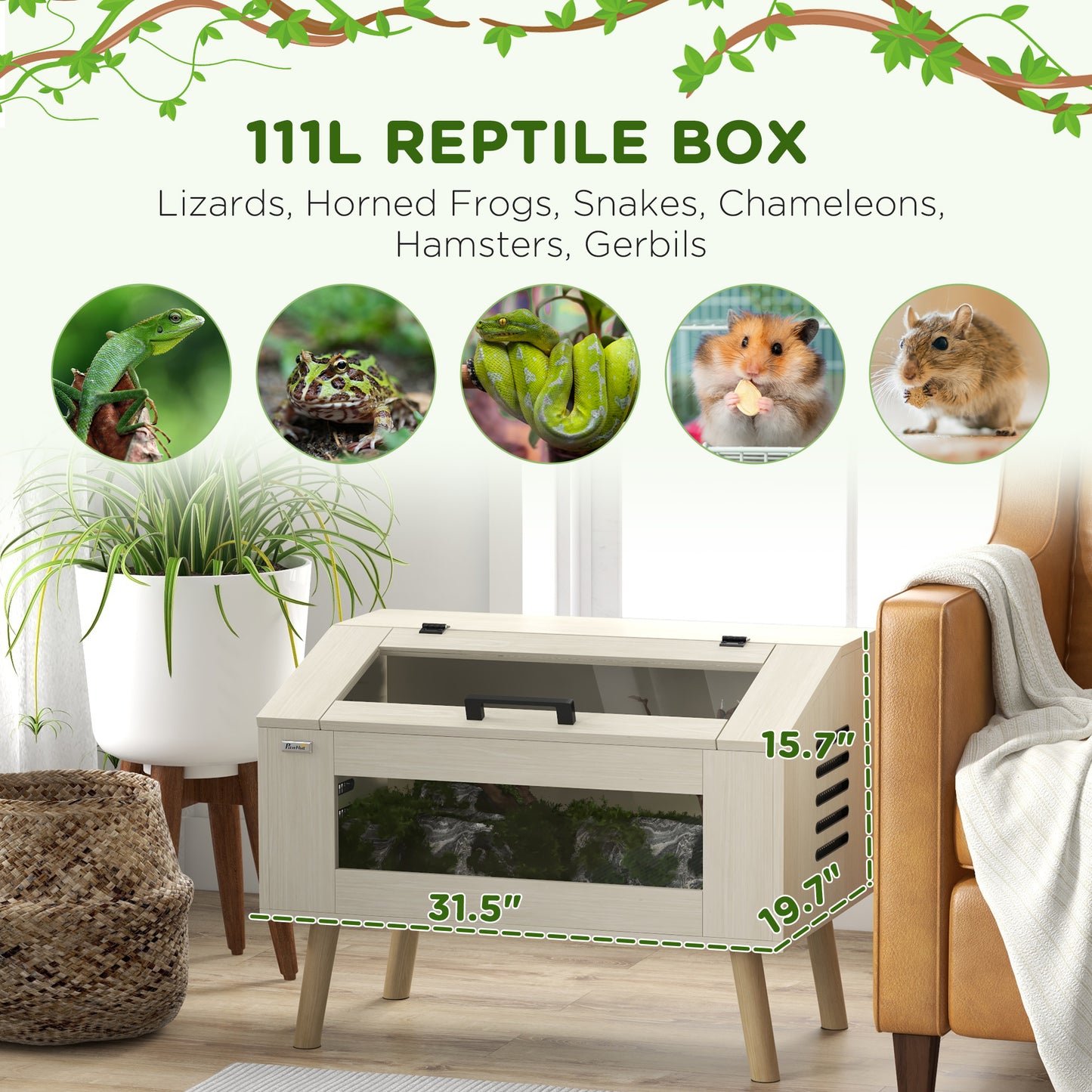 30 Gallon Reptile Enclosure with Glass Windows and Top Opening for Snakes Lizards