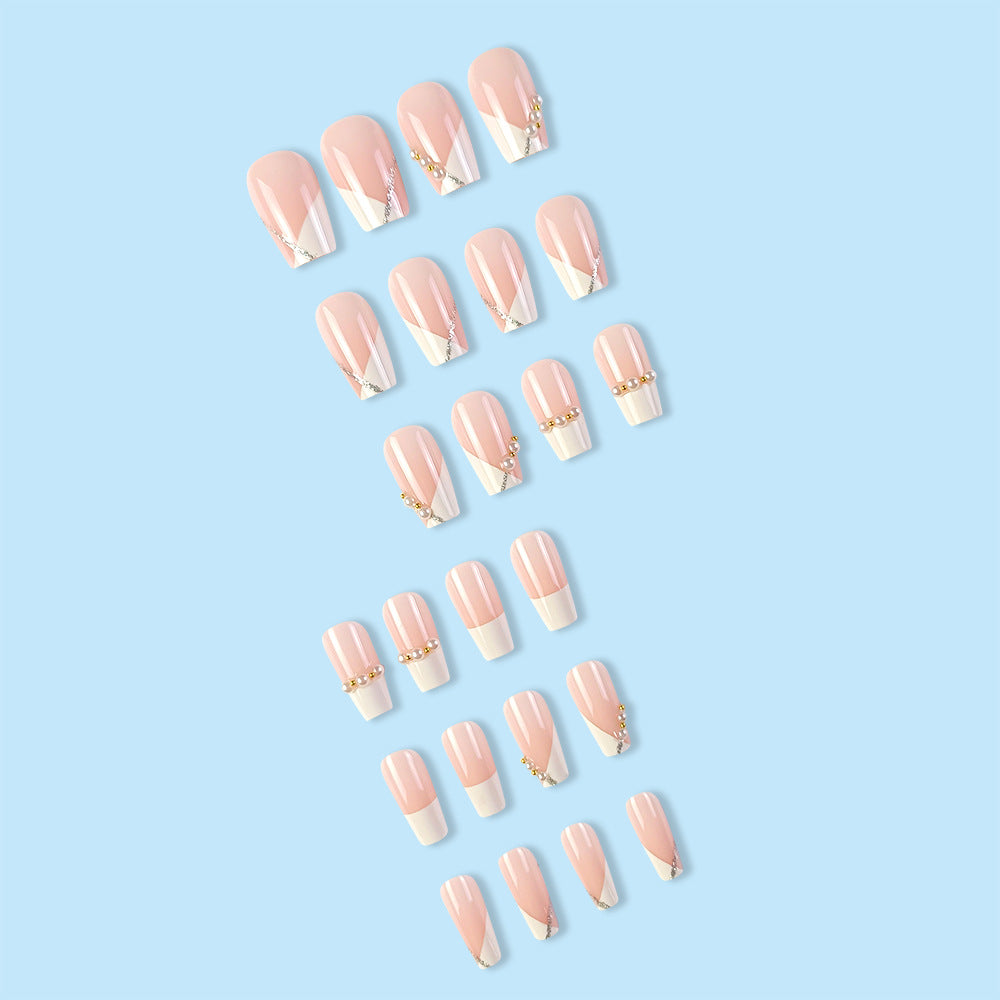 24-Piece Pink Coffin-Shaped French Artificial Nail Set with Pearl Design - Short Tips for Party & Daily Wear