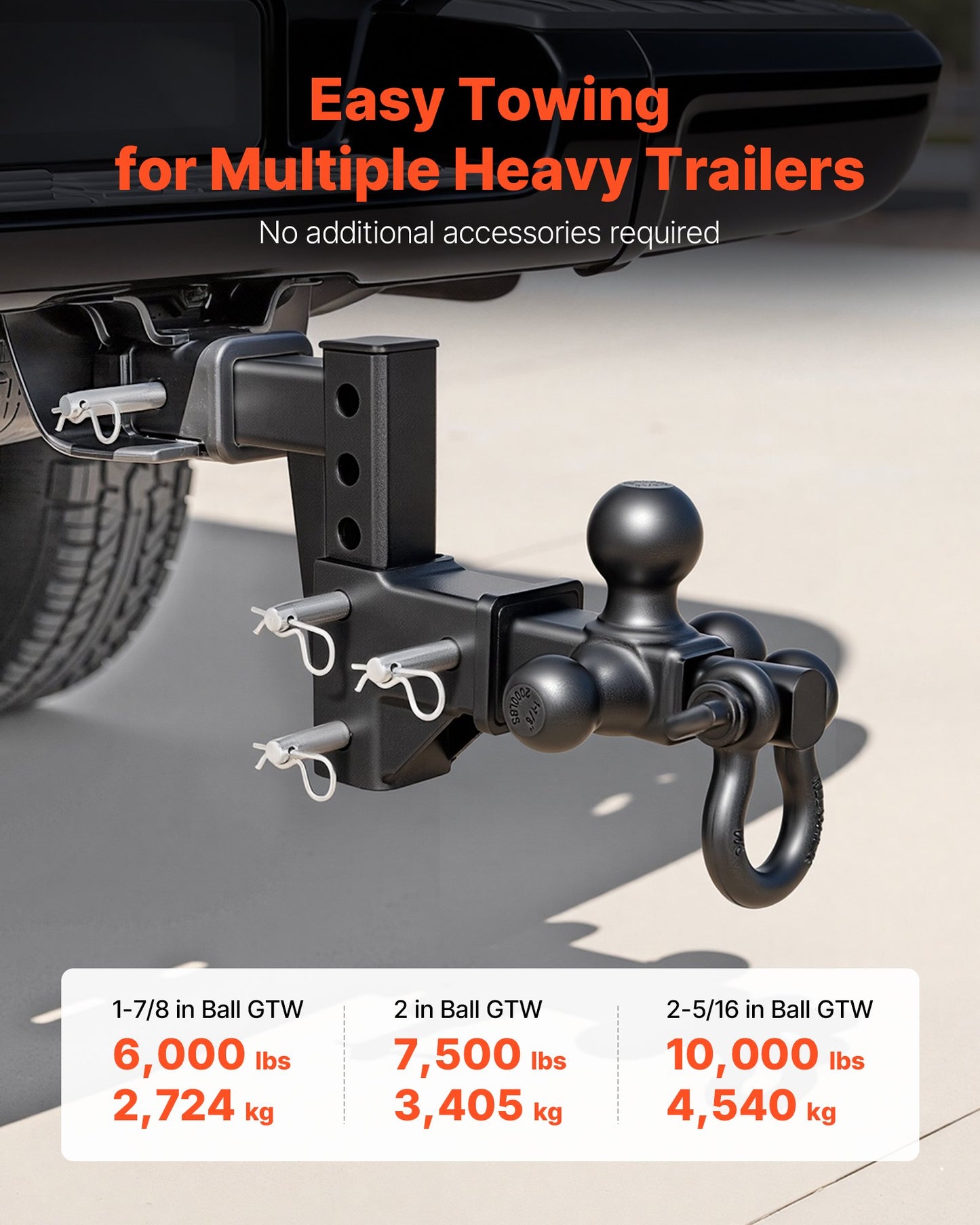 Adjustable Trailer Hitch Ball Mount with D Shackle for 2-Inch Receiver, 10,000 Lb Capacity