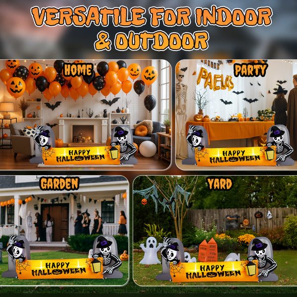 9.6FT Halloween Inflatable Skeleton Tombstone Banner with LEDs