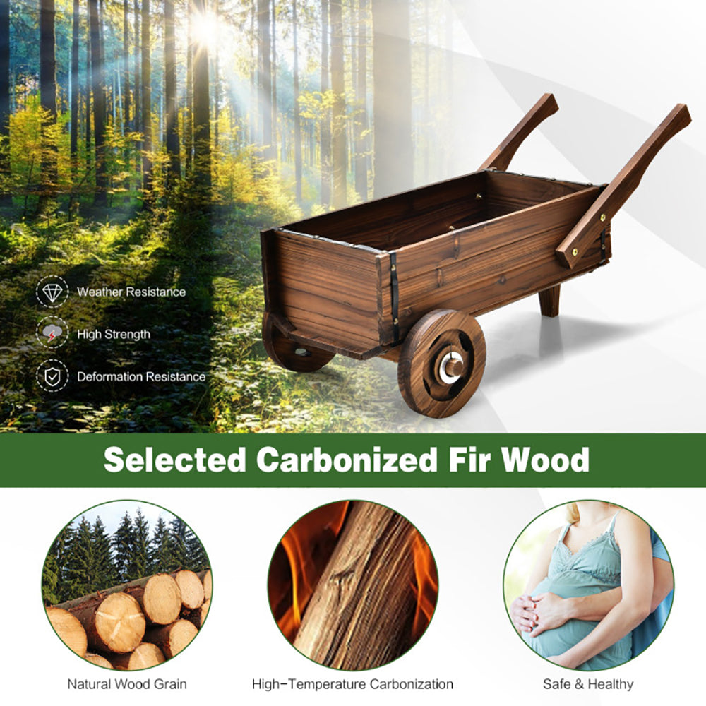Wooden Wagon Planter Box with Wheels and Drainage Hole - Rustic Brown Garden Decor