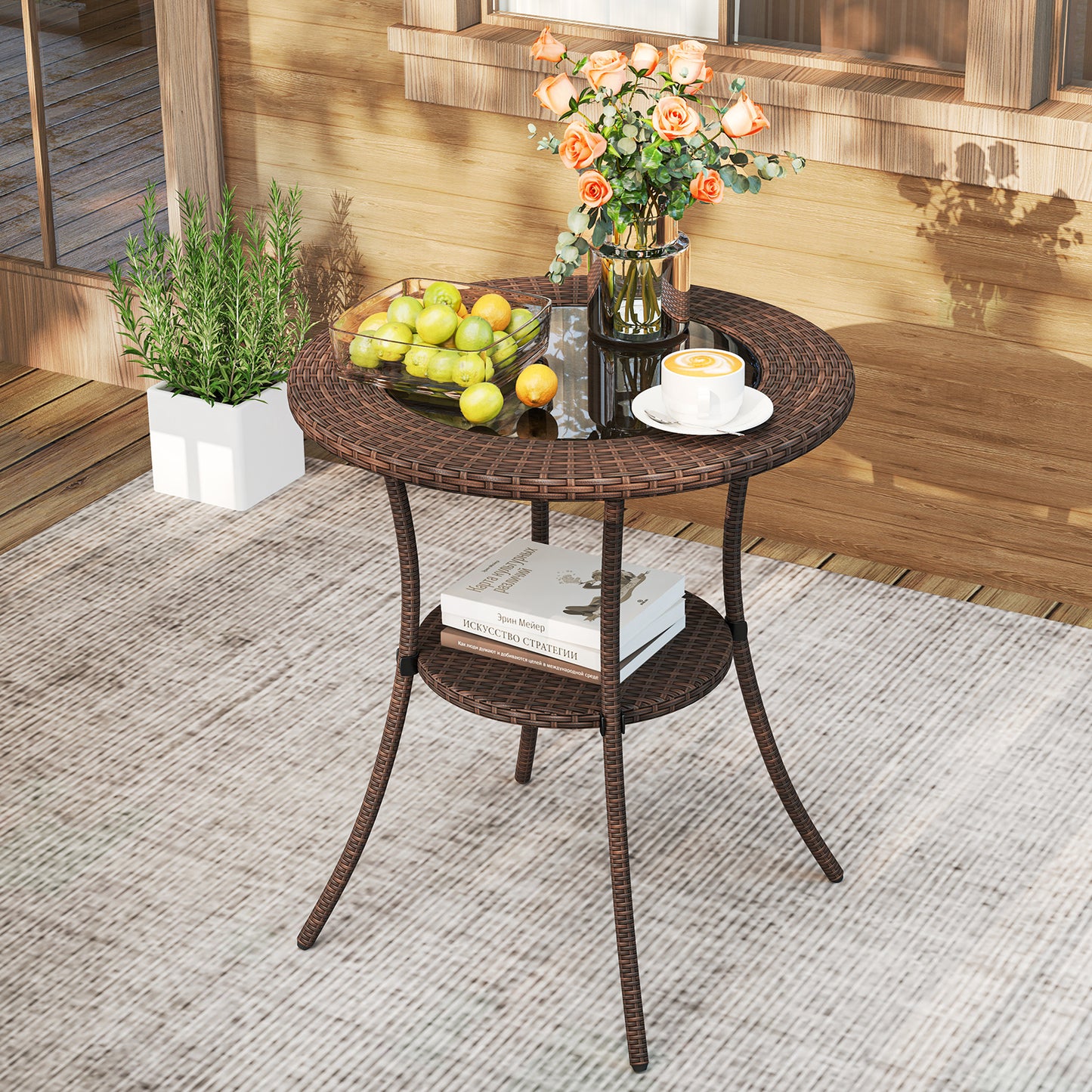 Round PE Wicker Bistro Table with Tempered Glass Top & Shelf