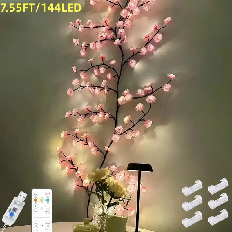 Cherry Blossom LED Tree Branch Wall Lights - 144 LED, 8 Modes, USB Powered, Indoor Decor