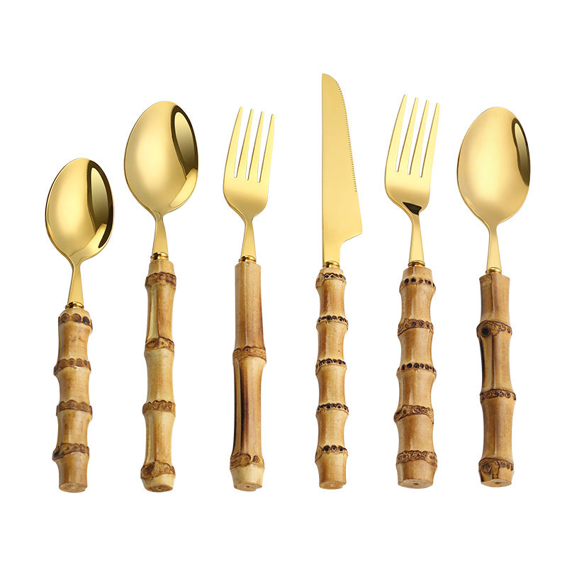 Natural Bamboo & Stainless Steel Tableware Set - 6-Piece Kitchen Dinnerware