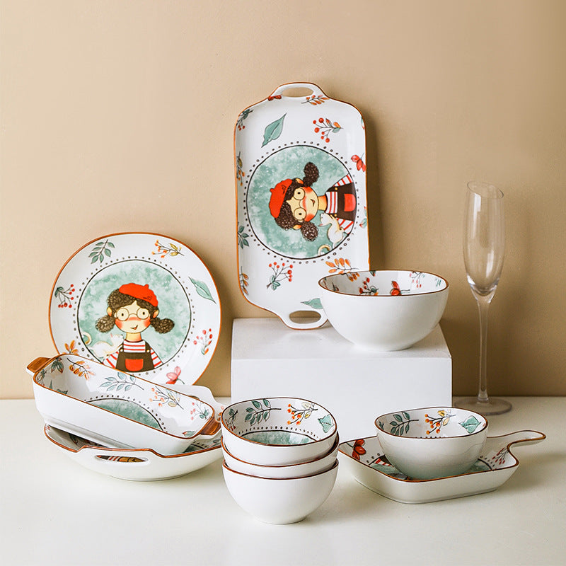 Ceramic Dinnerware Set - Cute Fairy Tale Forest Baked Rice Plates for Family & Kids