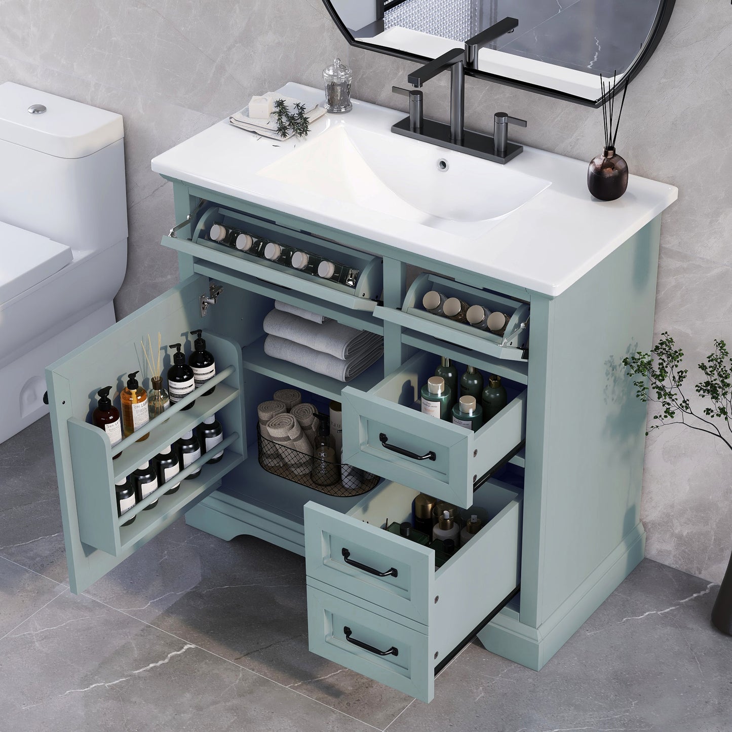 36-Inch Bathroom Vanity with Ceramic Sink & Soft-Close Drawers - Grey