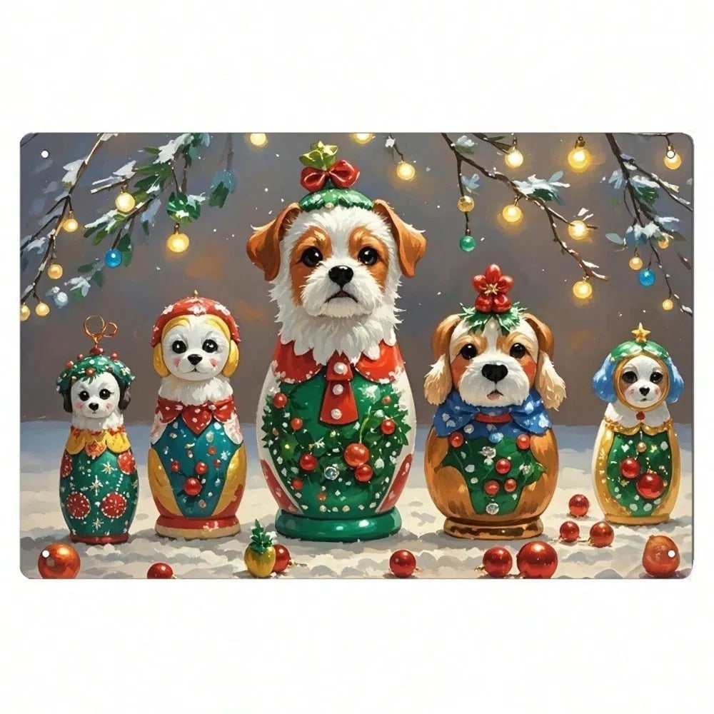 Christmas Eve Puppy Nesting Dolls Metal Wall Sign - 8x12 Inch