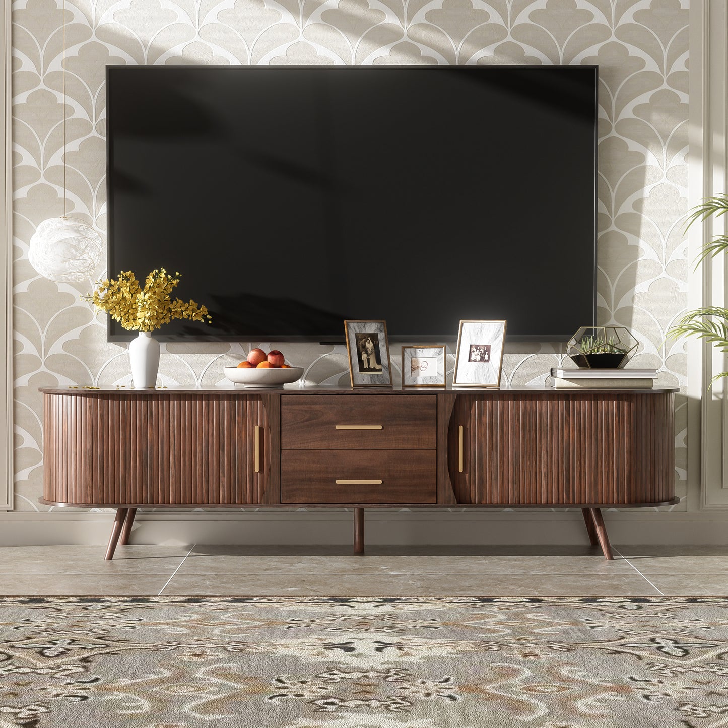 Mid-Century Modern TV Stand for 80" TV, Dark Brown Entertainment Center with 2 Drawers