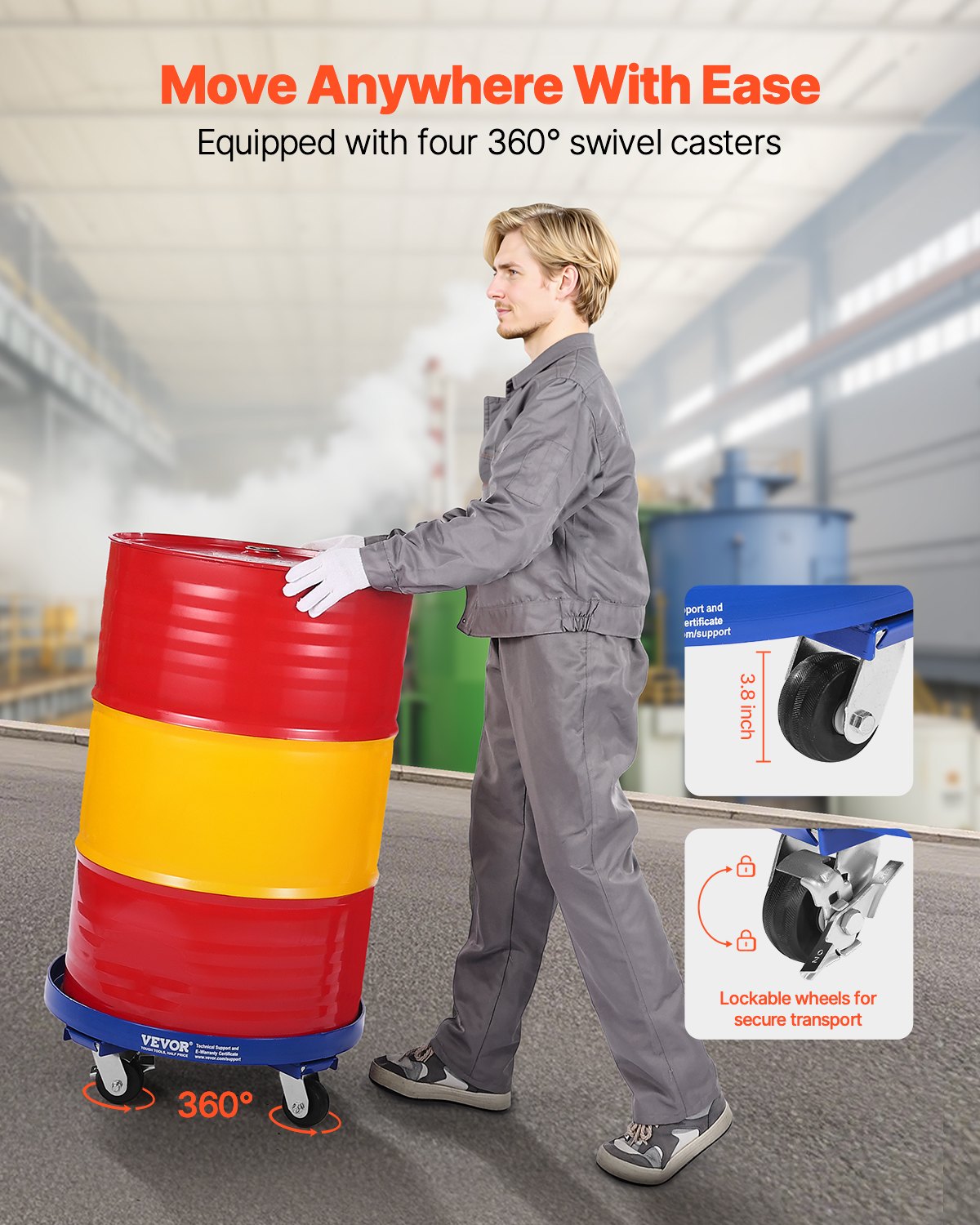 Heavy Duty 55 Gallon Drum Dolly Cart - 2000 lbs Capacity with 4 Swivel Casters, Blue