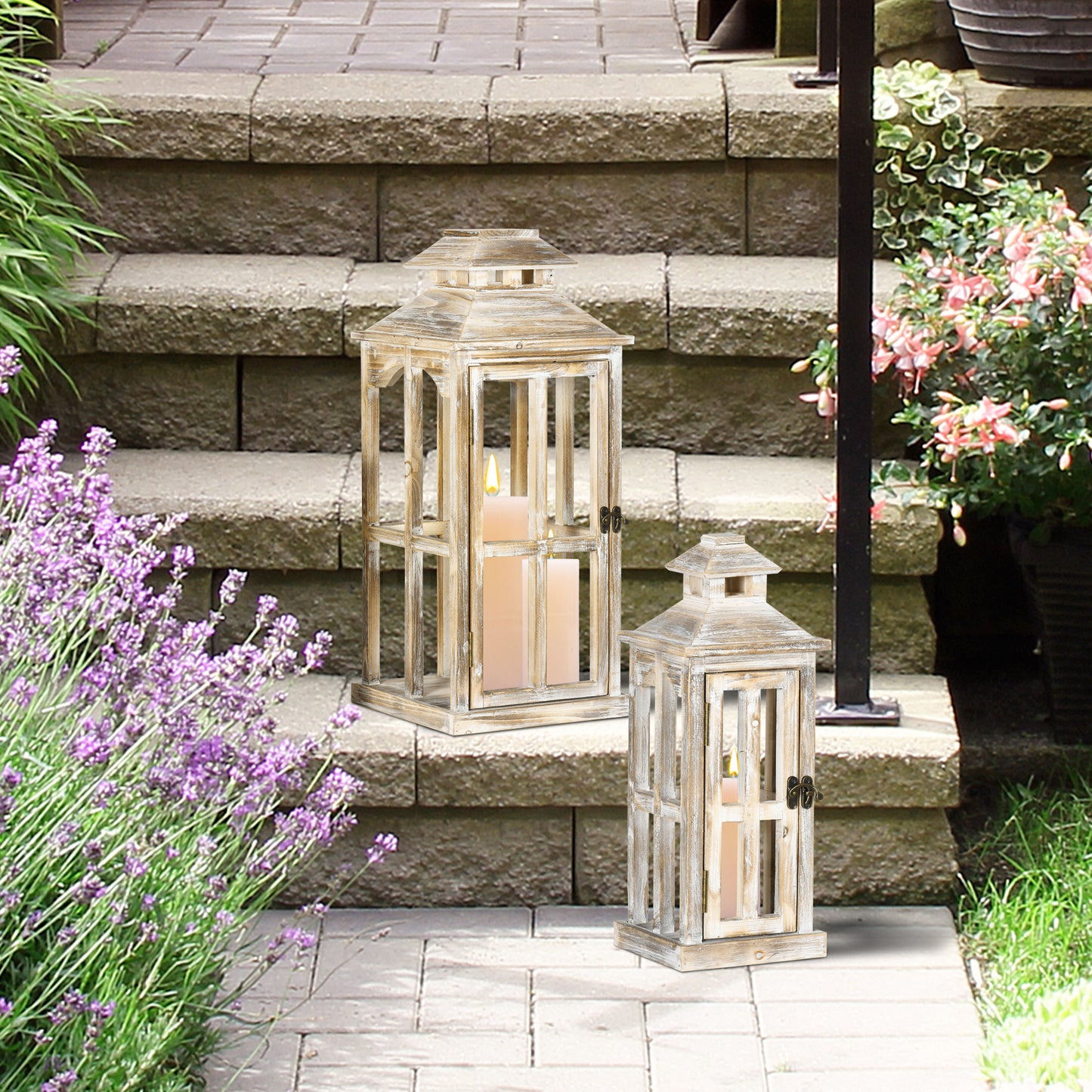 Rustic Wooden Lantern Set - 28" & 20" Decorative Indoor/Outdoor