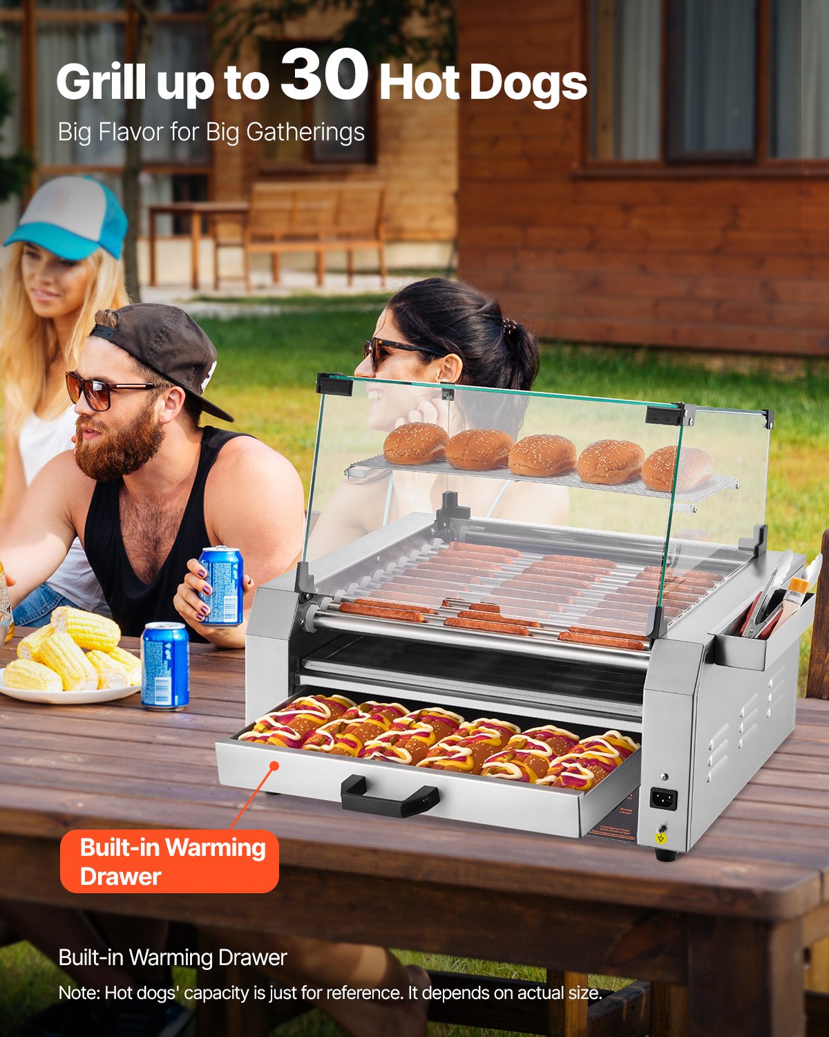 Electric Hot Dog Roller Grill Cooker with Bun Warmer - 1950W, Silver