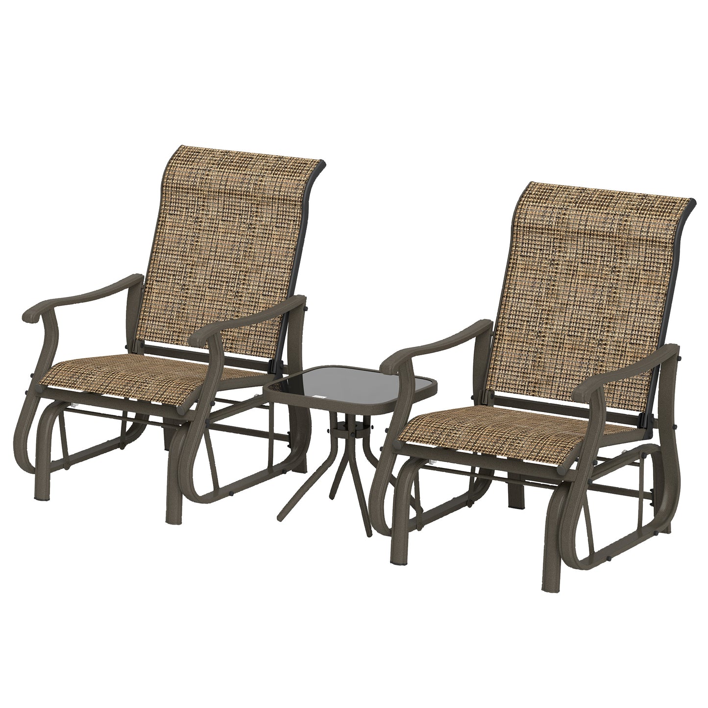 3-Piece Outdoor Glider Set with Steel Frame & Glass Table - Brown