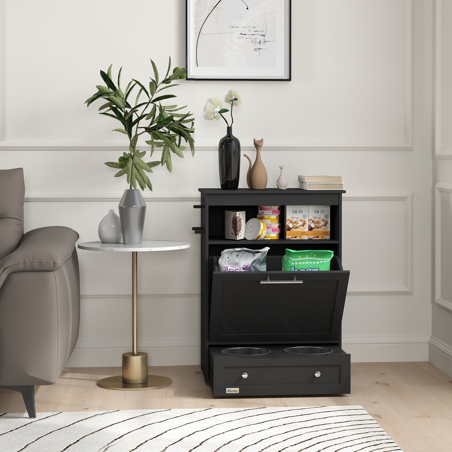 Pet Feeder Station with Storage Cabinet and Raised Bowls - Black