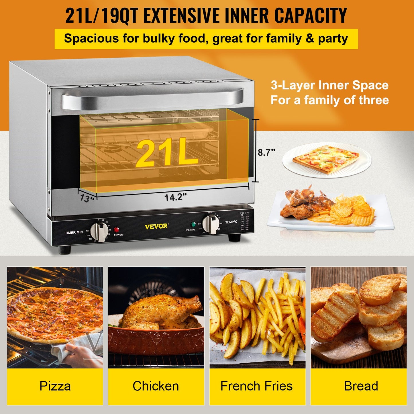 Commercial Countertop Convection Oven 21L with Glass Door & 3 Tiers