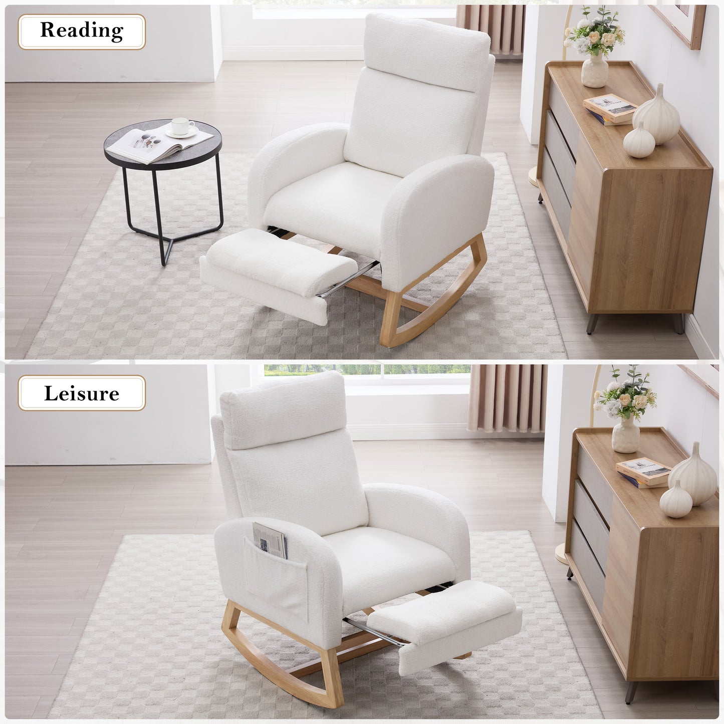 Teddy Fabric Rocking Chair with Adjustable Footstool - White