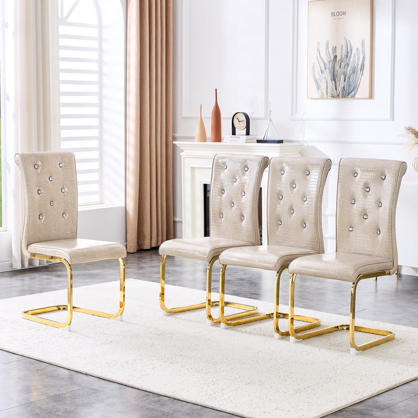 Set of 4 Beige Retro Upholstered Dining Chairs with Crystal Buckle