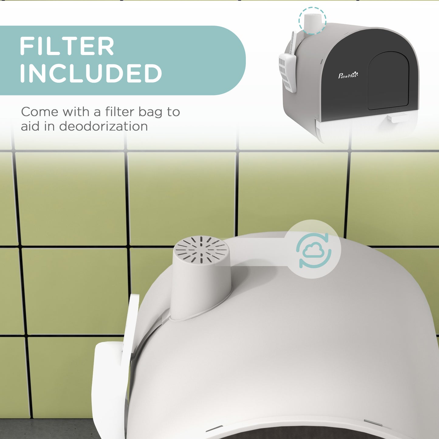 Hooded Cat Litter Box with Scoop & Filter - Light Gray, 475x455x460mm