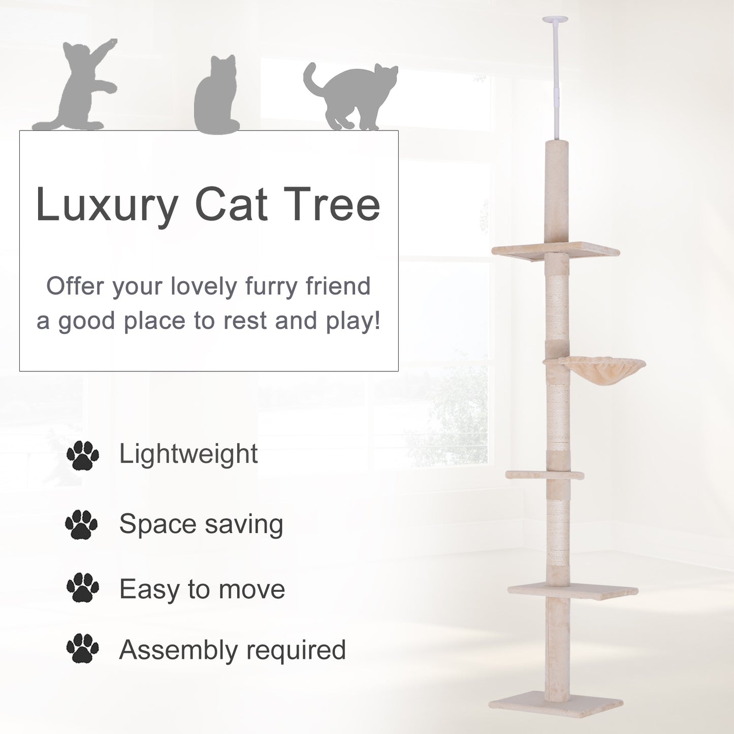 Adjustable 102-Inch Cat Tree Tower with Multiple Platforms and Scratching Posts - Beige