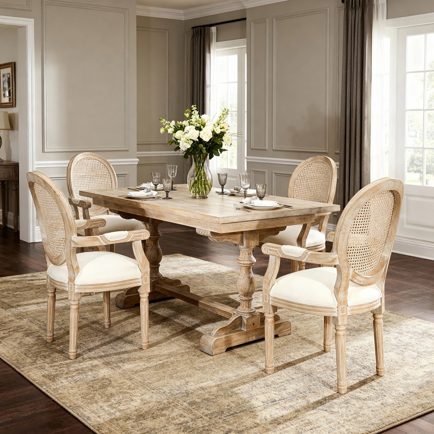 French Country Dining Armchair Set of 2 - Beige Upholstered Chairs