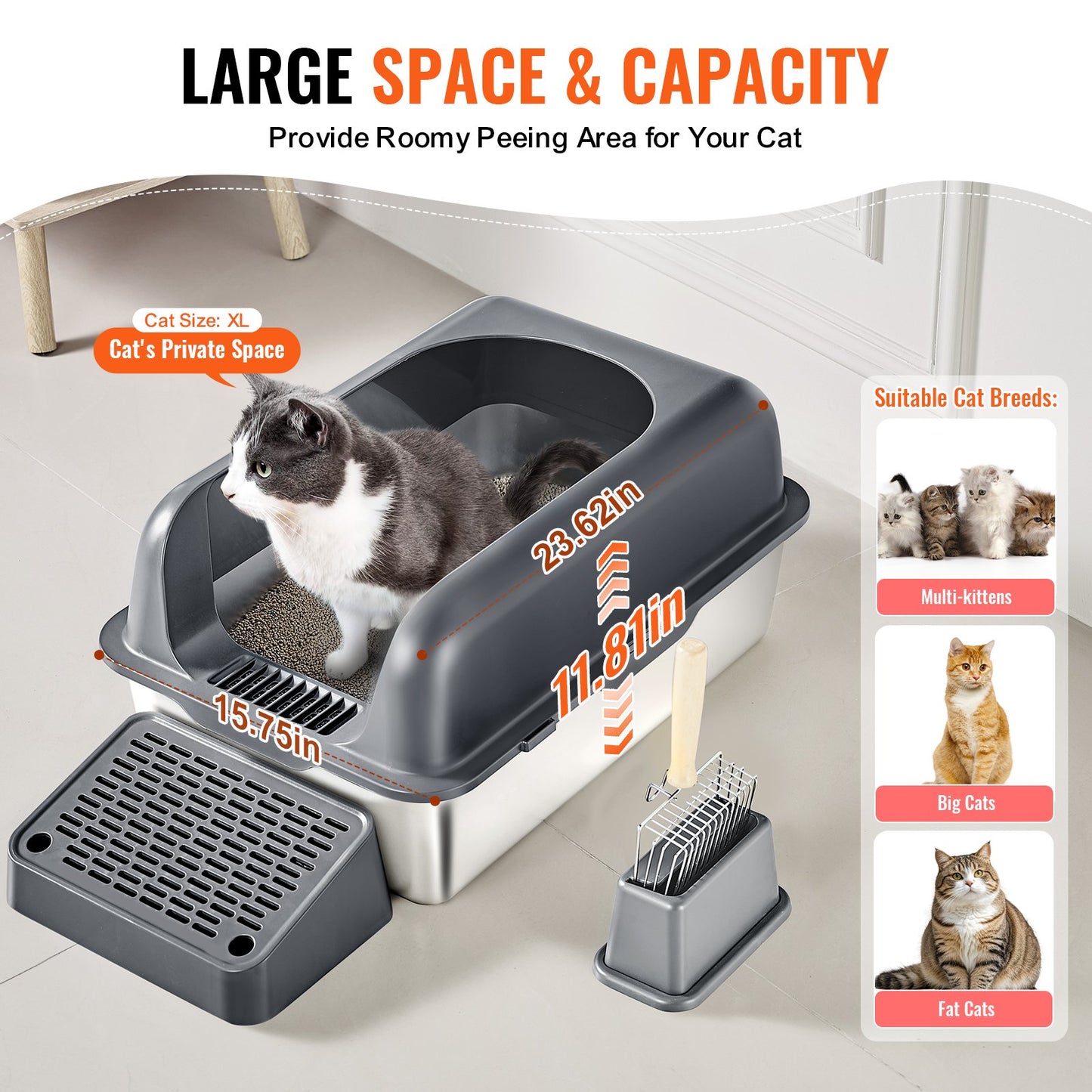 Deep Cat Litter Box with Odor-Free Filter and Foot Board - Grey