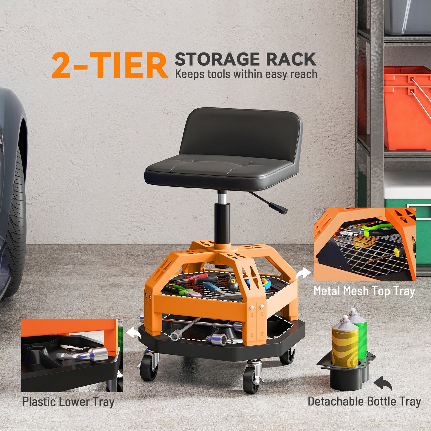 Garage Rolling Stool with Tool Tray, 300 LBS Capacity, Adjustable Height, Yellow