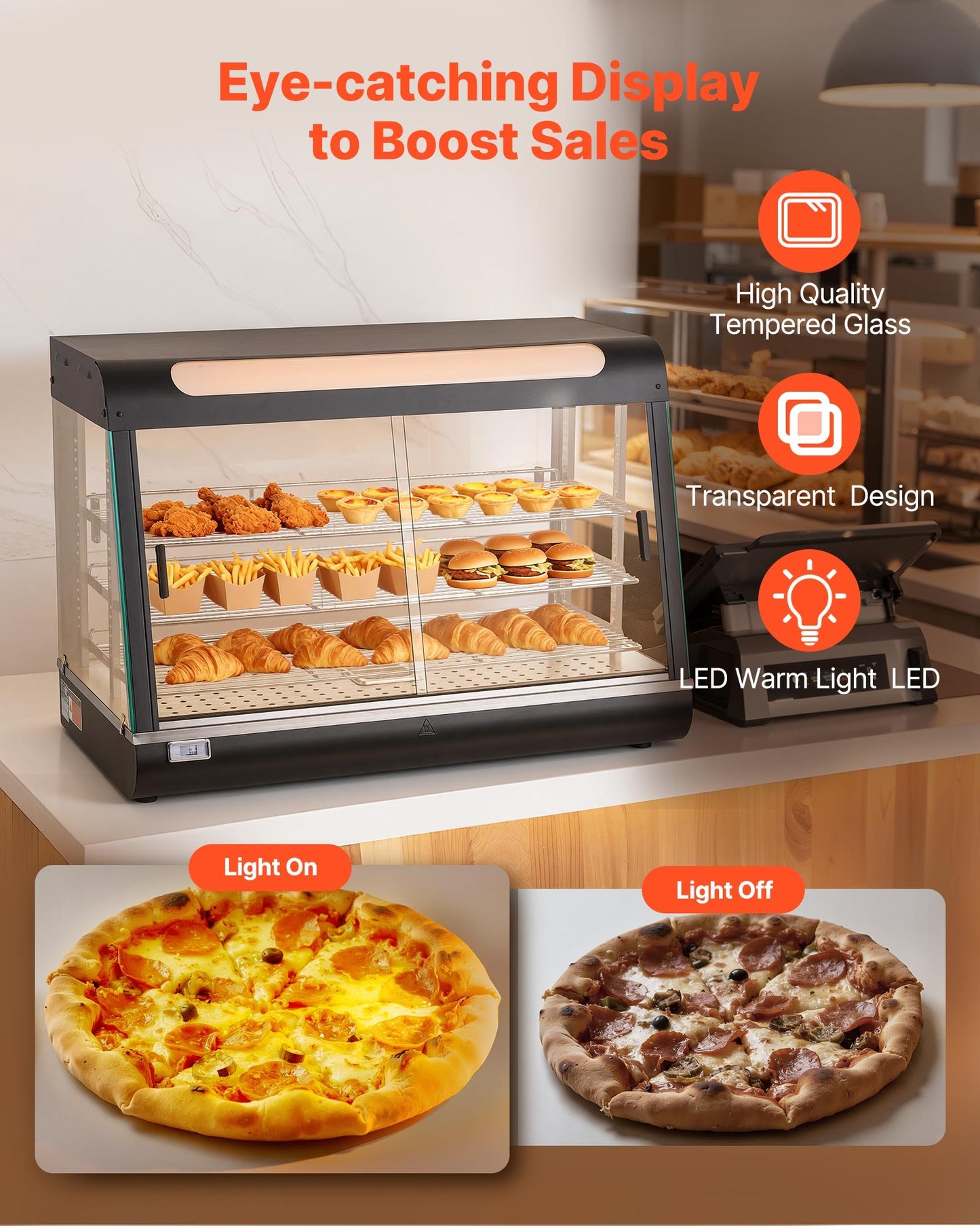3-Tier Food Warmer Display with LED Light and Adjustable Shelves, 86℉–185℉, 137Qt