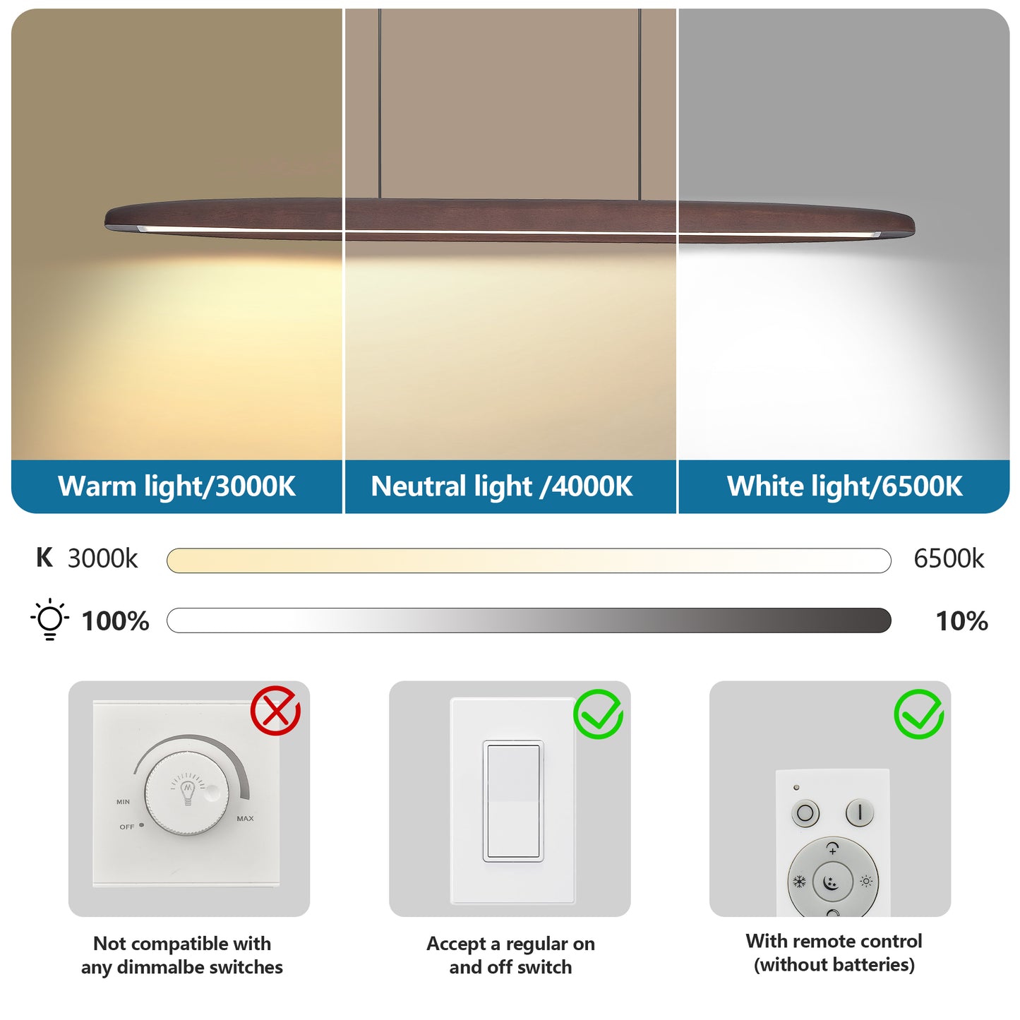 39 Inch Wooden LED Pendant Light with Remote Control - Walnut Finish