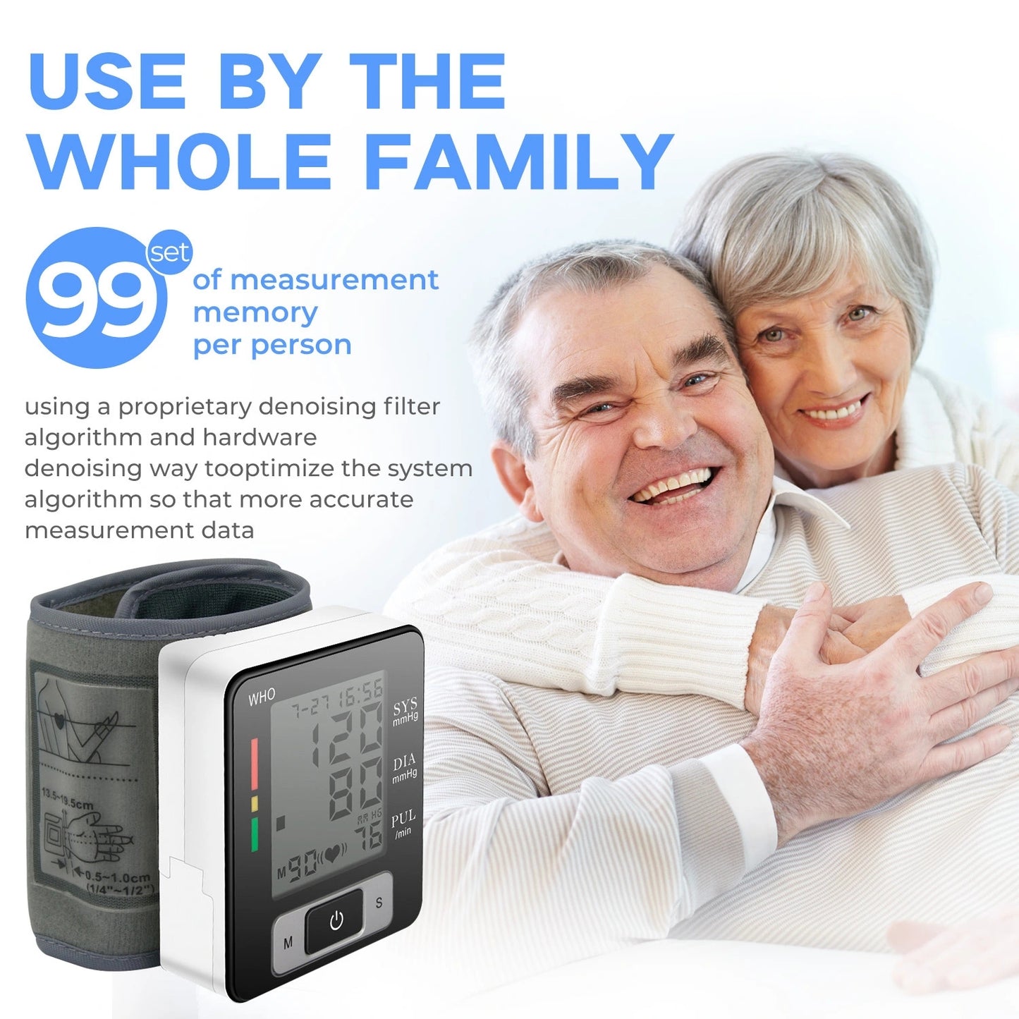 Automatic Wrist Blood Pressure Monitor with Adjustable Cuff and Memory