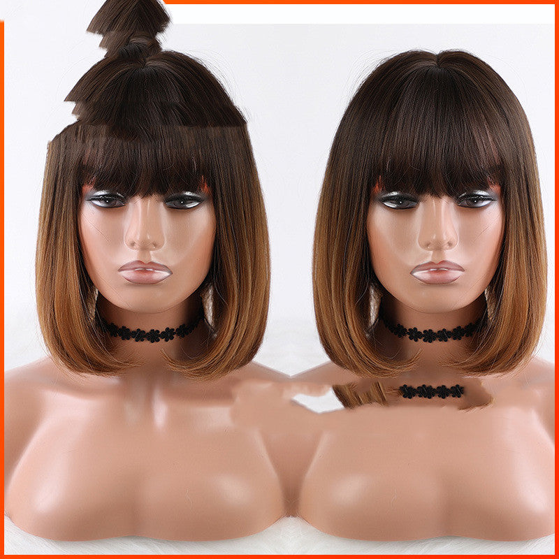 Cute Cartoon Bangs Round Face Wig for Ladies - Korean Style Synthetic Hair, Clavicle Length