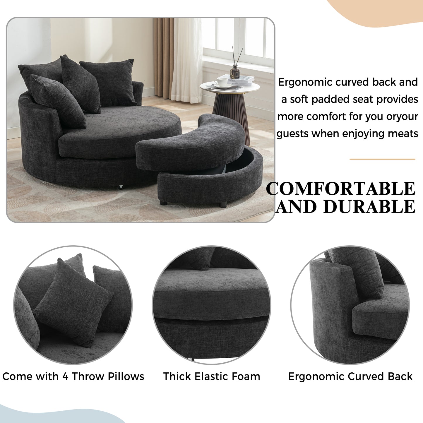 360° Swivel Accent Barrel Chair with Storage Ottoman & 4 Pillows - Gray