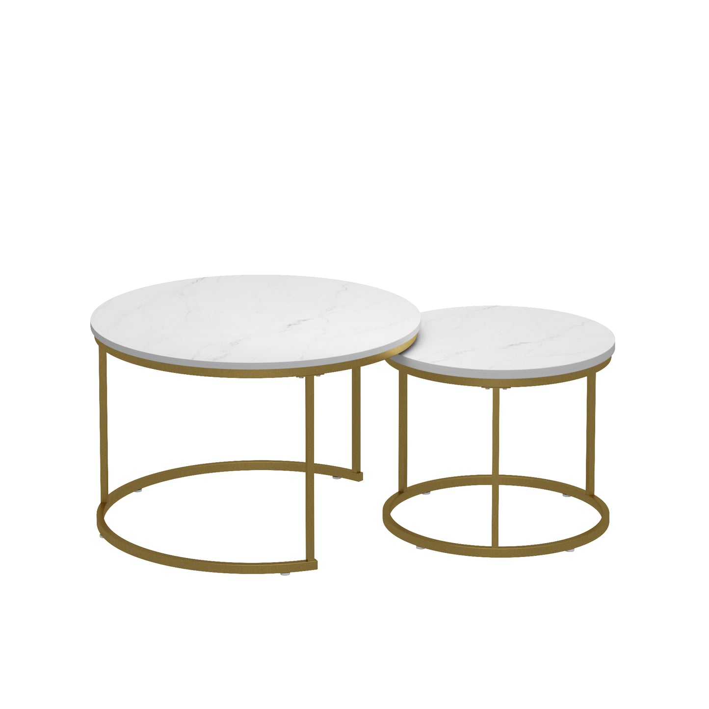 Nesting Coffee Table Set of 2 - Round Wood Marble Pattern - White+Gold