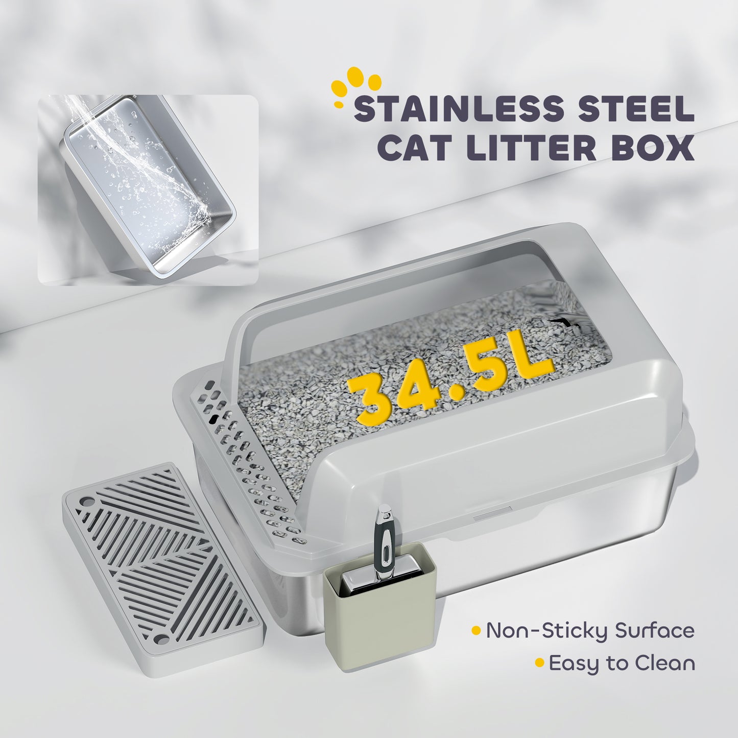 Stainless Steel Cat Litter Box with Scoop & Holder, High Sided, Leakproof